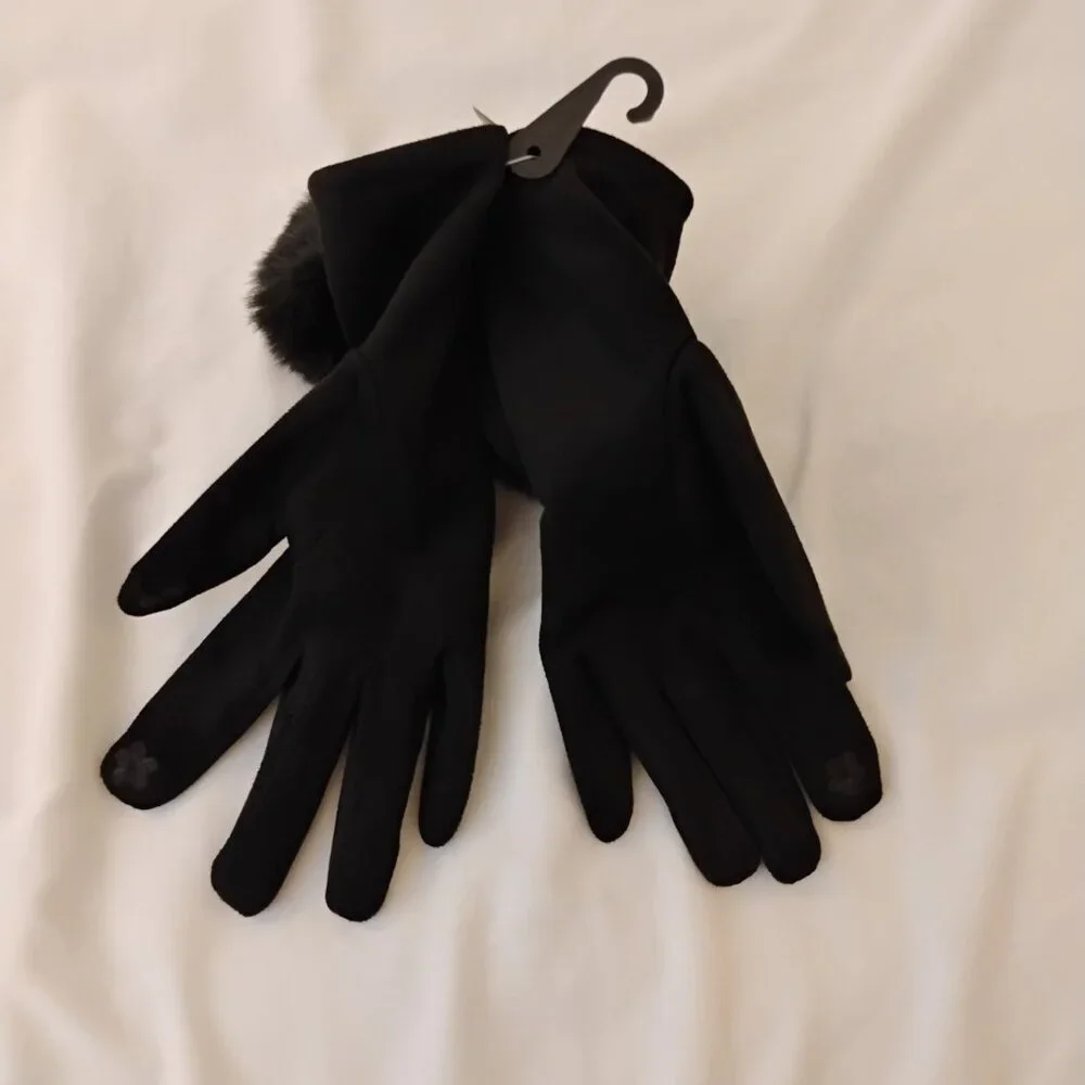 Top It Off Black soft touch screen fingertip women's gloves whimsigoth pom pom